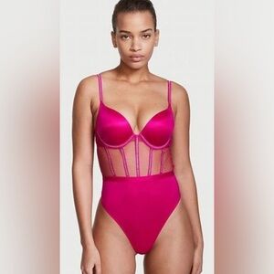 NWT Victoria's Secret Bodysuit Very Sexy Subtle Shine Rhinestone Hot Pink - Med